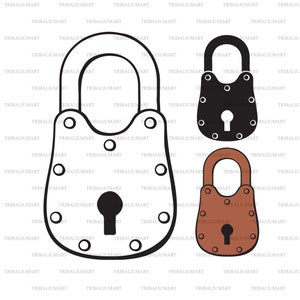 May include: Three padlock illustrations. One is black, one is brown, and one is outlined in black with a white interior. All three padlocks have a keyhole and a series of small circles around the perimeter.