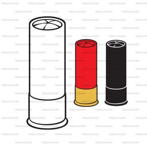 May include: Three shotgun shells, one with a red and gold body, one with a black body, and one with a white body. The shells are all closed and have a black outline.