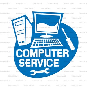 Könnte beinhalten: Blau-weißes Logo für ein Computer-Service-Unternehmen. Das Logo zeigt einen Computermonitor, eine Tastatur, einen Tower, einen Schraubendreher und einen Schraubenschlüssel. Der Text "COMPUTER SERVICE" ist in Weiß auf einem blauen Kreis geschrieben.