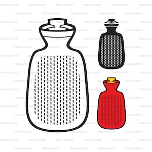 May include: Line art illustration of three hot water bottles. The largest is black and white, the middle one is black, and the smallest is red with a yellow cap. All have a similar shape and dotted texture.