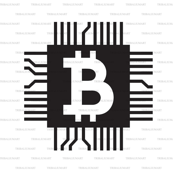 Bitcoin design (computer microchip). Cut files for Cricut. Clip Art silhouette (eps, svg, pdf, png, dxf, jpeg).