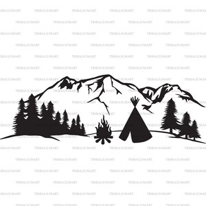 May include: Black and white silhouette illustration of a mountain range with a campfire, a teepee, and pine trees in front of the mountains.