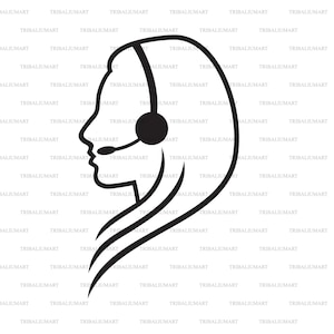 Vrouwen ondersteunen telefonist in headset. Knip bestanden voor Cricut. Clip Art silhouetten (eps, svg, pdf, png, dxf, jpeg).