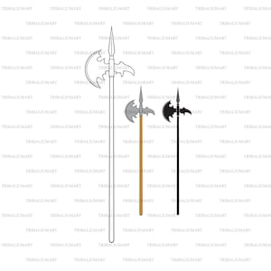 May include: Three medieval weapons with axe heads and spear points. The weapons are black, silver, and brown. The weapons are on a white background.