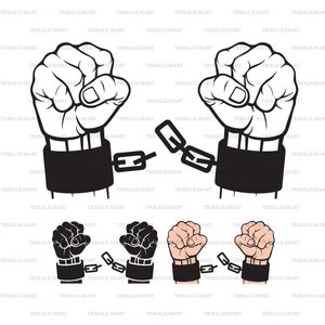 May include: Black and white illustration of two fists with chains connecting the wrists. The fists are clenched and the chains are broken. Below are three more illustrations of fists with chains, two with black fists and one with a white fist.