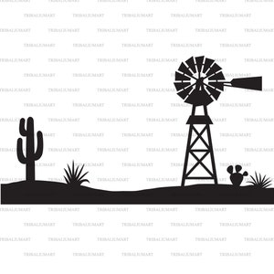 Illustration of desert landscape with water pumping windmill. Cut files for Cricut. Clip Art (eps, svg, pdf, png, dxf, jpeg).