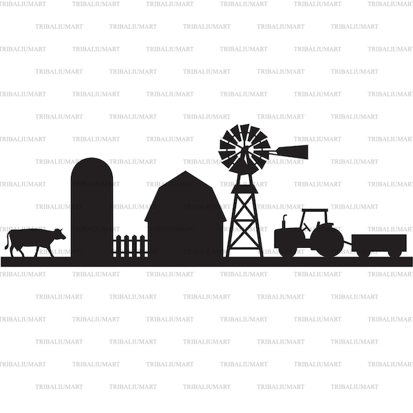 Farm landscape silhouette (barn, silo,  tractor, wagon, water pumping windmill, cow). Cut files for Cricut (eps, svg, pdf, png, dxf, jpeg).
