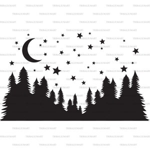 Notte stellata. Foresta, luna notturna e stelle sagoma sfondo. Taglia i file per Cricut. ClipArt (eps, svg, pdf, png, dxf, jpeg).