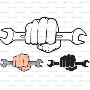 May include: A black and white illustration of a fist holding a wrench. The fist is clenched tightly around the wrench, which is positioned horizontally. The wrench has a large, rounded head with a hexagonal opening.