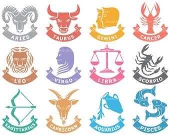 Zodiac signs, set of horoscope symbols, astrology icons collection. Clip Art silhouettes (eps, svg, pdf, png, dxf, jpeg).