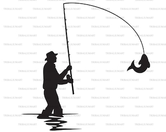 Fisherman Caught a Fish Silhouette gone Fishing. Cut Files for Cricut. Clip  Art Silhouettes eps, Svg, Pdf, Png, Dxf, Jpeg. 
