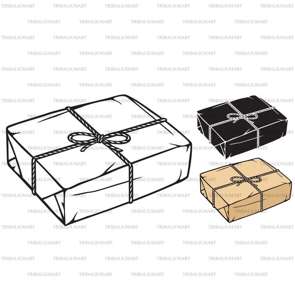Parcel box with rope and kraft paper. Cut files for Cricut. Clip Art silhouettes (eps, svg, pdf, png, dxf, jpeg).