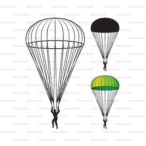 Pára-quedas (paraquedista, desenho de paraquedismo). Silhuetas de clipart (eps, svg, pdf, png, dxf, jpeg).