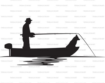 Fisherman and dog in a boat silhouette (Bass Boat, Gone Fishing). Cut files for Cricut. Clip Art (eps, svg, pdf, png, dxf, jpeg).
