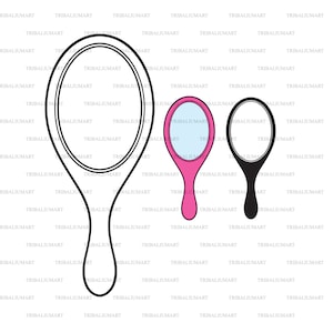 Puede incluir: Tres espejos de mano, uno grande en blanco y negro, uno pequeño rosa con una superficie reflectante azul y uno pequeño negro con una superficie reflectante blanca.