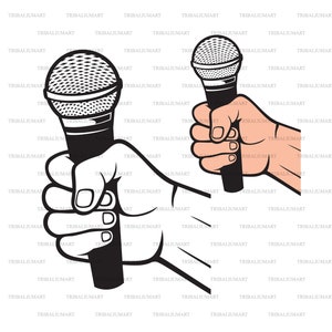 May include: A black microphone with a silver grill is held in a hand. The hand is holding the microphone in a way that suggests it is about to be used for singing or speaking.