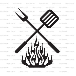 Design grill - barbecue. Spatola incrociata e forchetta con il fuoco. Tagliare i file per Cricut. Sagome ClipArt (eps, svg, pdf, png, dxf, jpeg).