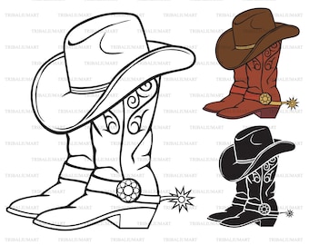 Cowboy boots and hat. Cut files for Cricut. Clip Art silhouettes (eps, svg, pdf, png, dxf, jpeg).