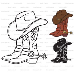 Cowboy boots and hat. Cut files for Cricut. Clip Art silhouettes (eps, svg, pdf, png, dxf, jpeg).