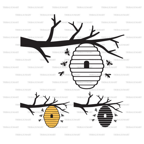Bees and beehive on tree branch. Honey design. Cut files for Cricut, Clip Art silhouettes (eps, svg, pdf, png, dxf, jpeg).