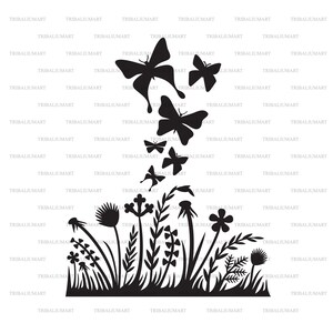 Grama, flores e borboletas. Cortar arquivos para Cricut. Clip-art (eps, svg, pdf, png, dxf, jpeg).