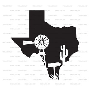 Silueta de mapa de Texas con molino de viento de bombeo de agua, cactus y cartel de madera. Cortar archivos para Cricut (eps, svg, pdf, png, dxf, jpeg).