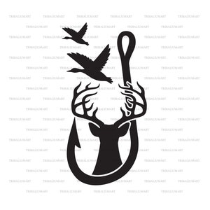 Pato, Ciervo y Gancho (Diseño de Caza, Pesca Desaparecida). Cortar archivos para Cricut. Clip Art (eps, svg, pdf, png, dxf, jpeg).