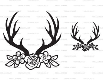 Deer horns or antlers with flowers. Cut files for Cricut. Clip Art (eps, svg, pdf, png, dxf, jpeg).
