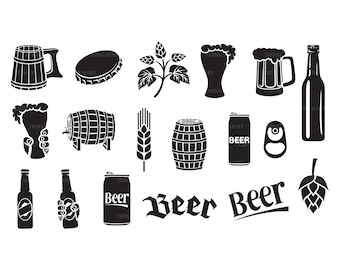 Beer icons set: hops leaf, wooden barrel, glass, can, bottle cap, mug, bottle. Cut files for Cricut (eps, svg, pdf, png, dxf, jpeg).