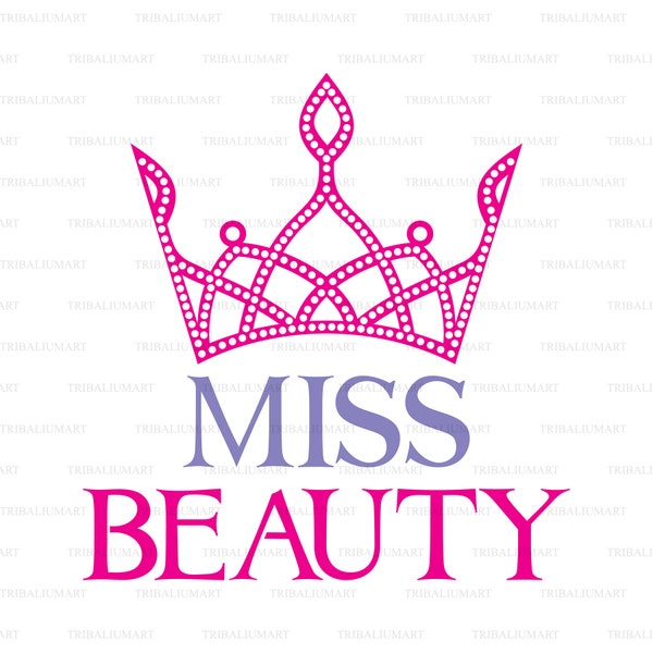 Miss Beauty sign with diamond tiara. Cut files for Cricut. Clip Art silhouette (eps, svg, pdf, png, dxf, jpeg).