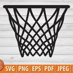 May include: Black and white silhouette of a basketball hoop with a net. The hoop is a simple outline with no details.