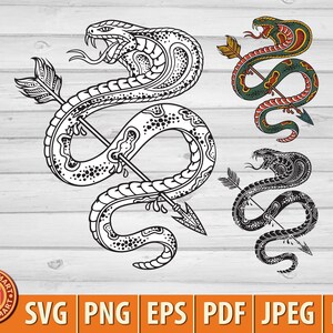 Cobraslang doorboord met een pijl. Tatoeage in ouderwetse stijl. Bestand knippen voor Cricut. Clip Art silhouet (eps, svg, pdf, png, dxf, jpeg).