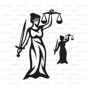Het standbeeld van gerechtigheid (de godin Themis). Knip bestanden voor de Cricut. Clip Art silhouetten (EPS, SVG, PDF, PNG, DXF, JPEG).