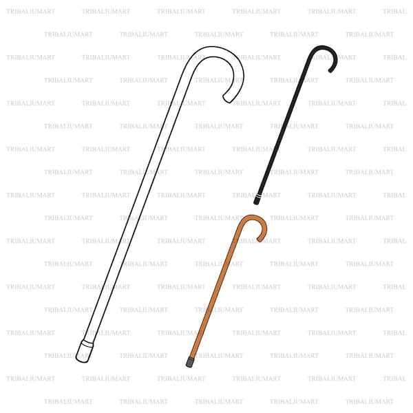 Wooden walking stick cane. Cut files for Cricut. Clip Art silhouettes (eps, svg, pdf, png, dxf, jpeg).