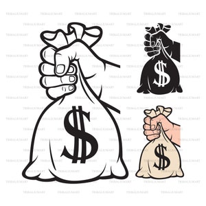 Hand holding Money dag met dollarteken. Cut bestanden voor de Cricut. Clip Art silhouetten (EPS, SVG, PDF, PNG, DXF, JPEG).