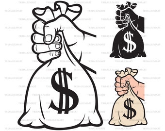 Hand holding money dag with dollar sign. Cut files for Cricut. Clip Art silhouettes (eps, svg, pdf, png, dxf, jpeg).