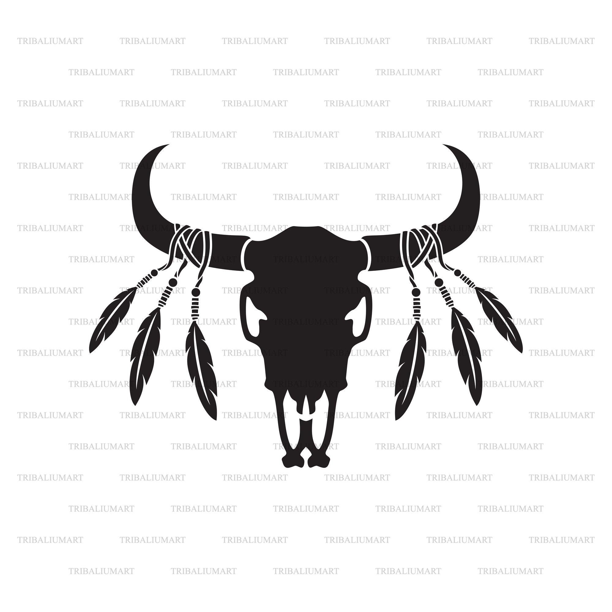 Cráneo de toro o vaca nativo americano con plumas. Cortar archivos para  Cricut. Silueta de Clip Art (eps, svg, pdf, png, dxf, jpeg)., image size:2000x2000