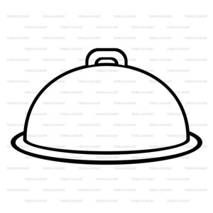 May include: A black and white line drawing of a covered serving dish. The dish has a rounded lid with a handle and sits on a circular base. The word "TRIBALIUMART" is repeated across the image.