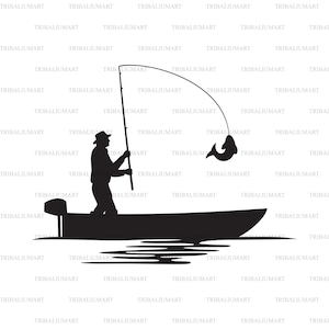 Pêcheur a attrapé un poisson (Silhouette bass boat, Gone Fishing). Couper les fichiers pour Cricut. Clip Art (eps, svg, pdf, png, dxf, jpeg).