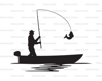 Fisherman caught a fish (Bass Boat silhouette, Gone Fishing). Cut files for Cricut. Clip Art (eps, svg, pdf, png, dxf, jpeg).