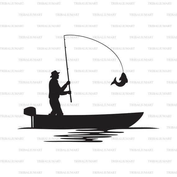 Fisherman Caught a Fish bass Boat Silhouette, Gone Fishing. Cut
