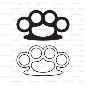 May include: A black metal knuckle duster with four circular holes. The knuckle duster is a weapon.