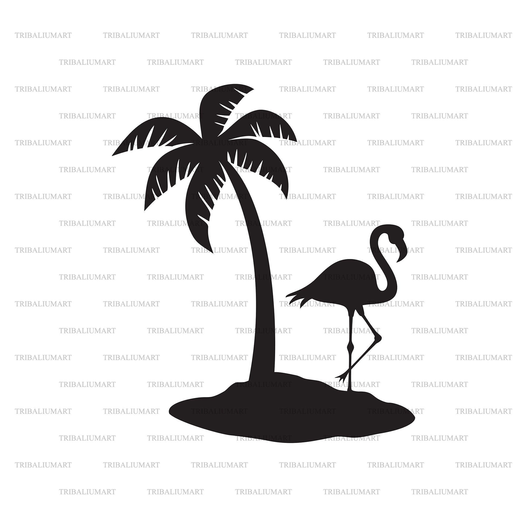 Flamingo and Palm Tree (Tropical or Summer Design). Cut files for Cricut. Clip Art silhouette (eps, svg, pdf, png, dxf, jpeg).