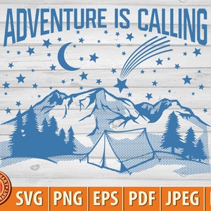 Avontuur roept (berg, bos, tent, nachtelijke hemel). Knipbestanden voor Cricut. Clip Art-silhouet (eps, svg, pdf, png, dxf, jpeg).