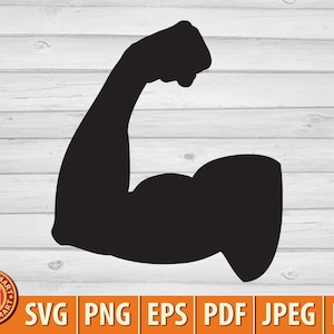 Flexión del músculo bíceps (brazo que muestra potencia, culturista, diseño de fitness). Cortar archivos para Cricut. Imágenes prediseñadas (eps, svg, pdf, png, dxf, jpeg).