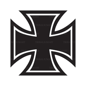 May include: A black and white graphic of an Iron Cross design. The cross has a thick black outline with a white border. The text "TRIBALIUMART" is repeated around the cross.