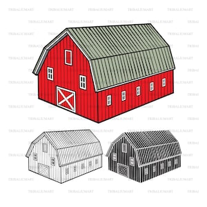 Puede incluir: Un granero rojo con un techo verde y molduras blancas. El granero tiene una puerta grande con una X blanca y varias ventanas. El granero se muestra en tres estilos diferentes: una versión a todo color, una versión en blanco y negro y una versión negra.