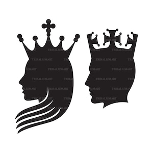 King and Queen heads silhouette. Cut files for Cricut. Clip Art (eps, svg, pdf, png, dxf, jpeg).