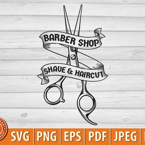 Friseur-Symbol. Shave and Haircuts Schild mit Schere. Schneide Dateien für Cricut. Clip Art Silhouette (eps, svg, pdf, png, dxf, jpeg).