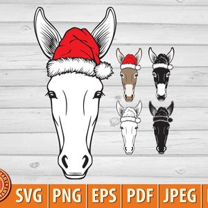 Weihnachtlicher Eselkopf mit Nikolausmütze. Neujahrs Design. Schneide Dateien für Cricut. Clip Art Silhouette (eps, svg, pdf, png, dxf, jpeg).